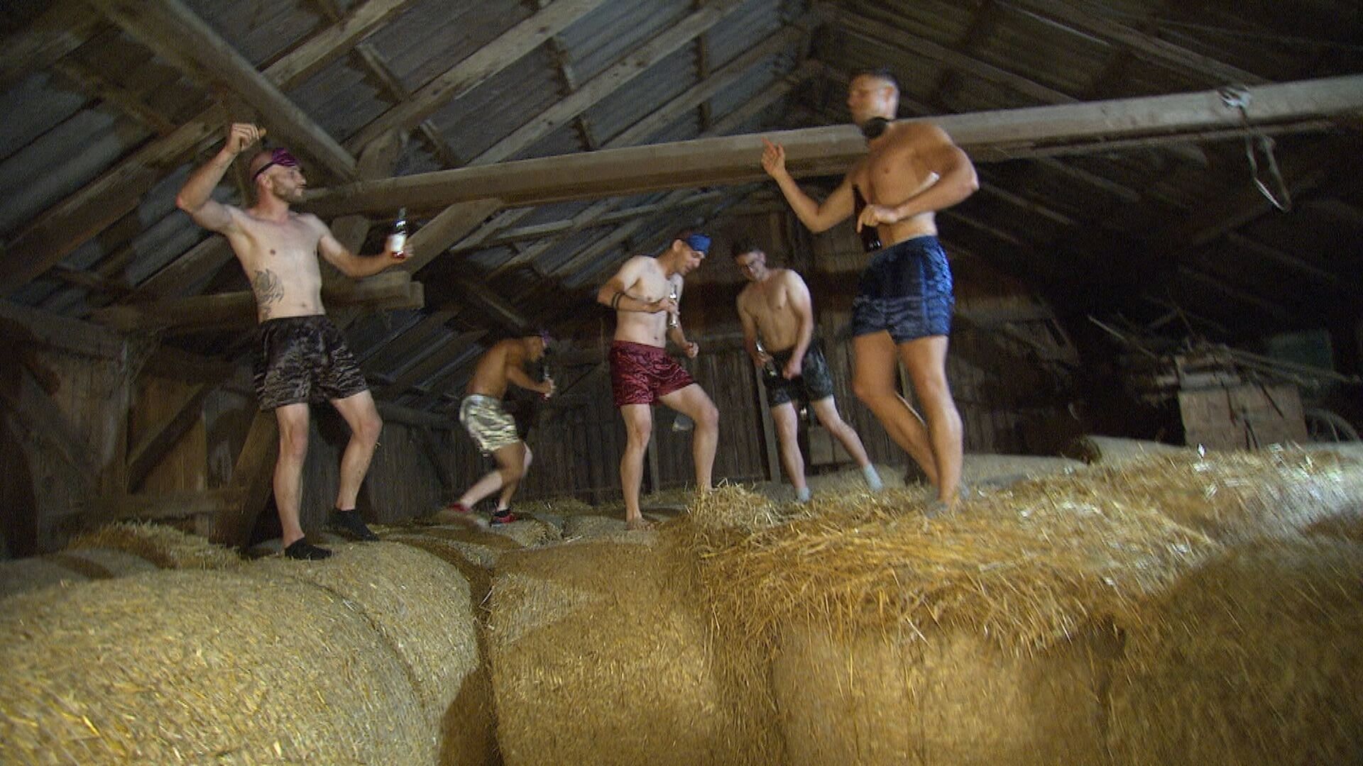 Fünf Männer hüpfen auf einem Heuboden und tragen nur Shorts.