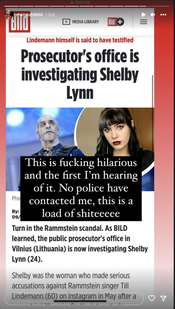 Die englische Seite der Bild mit dem Artikel über die Ermittlungen gegen Shelby Lynn mit ihrem Text dazu.
