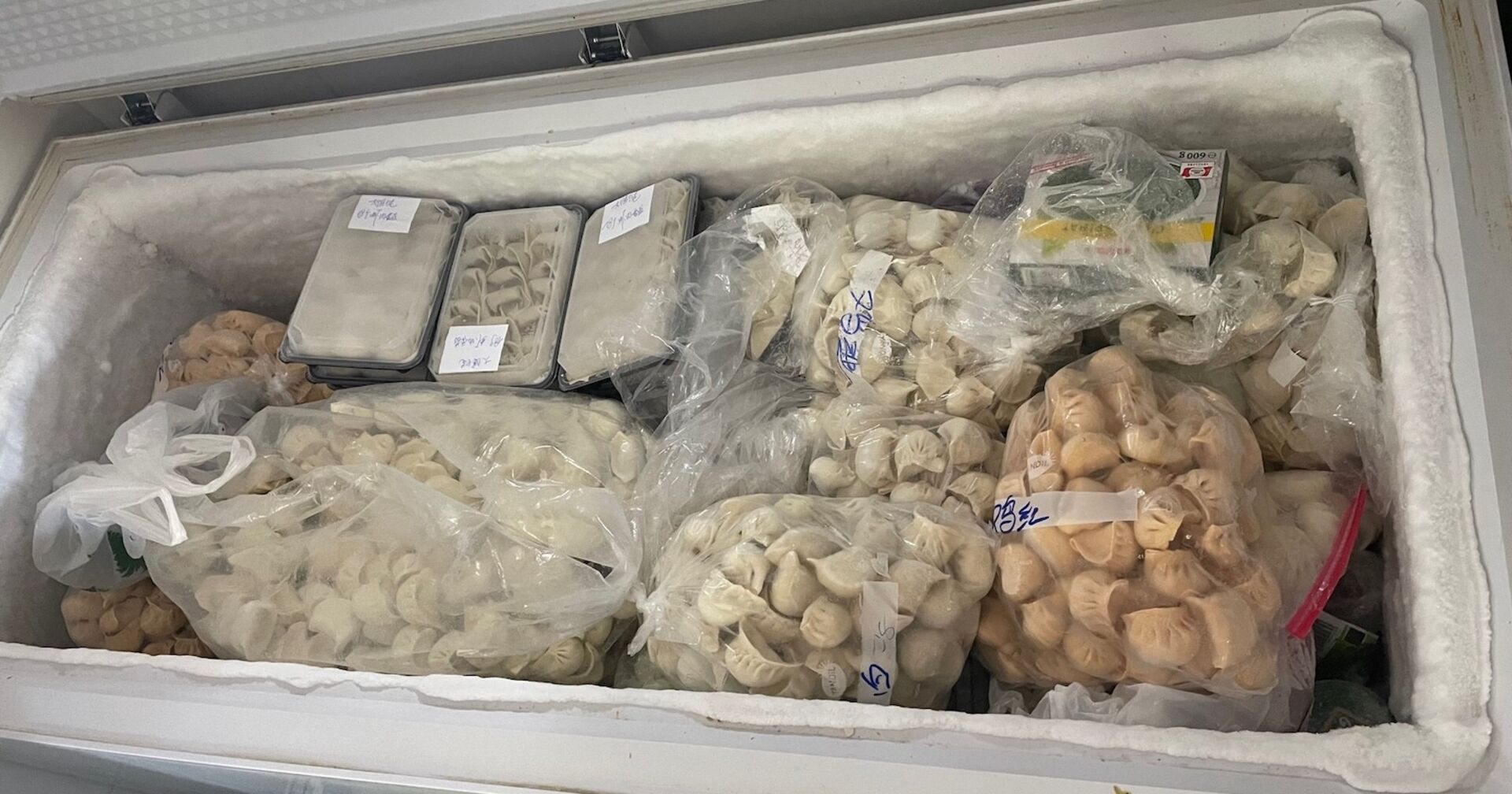 Eine Tiefkühltruhe voll mit verschiedenen Teigtaschen