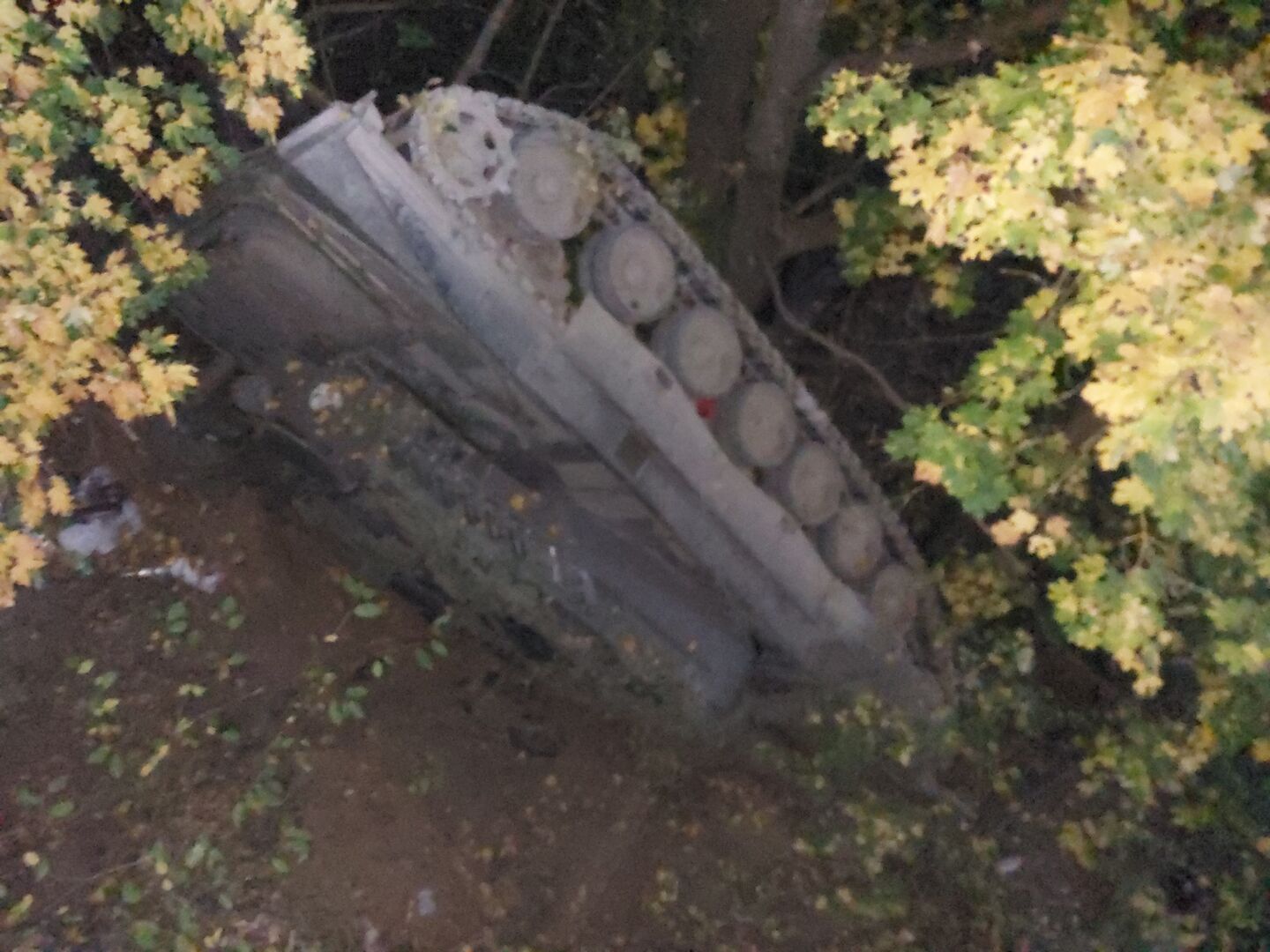 Der abgestürzte Panzer im Wald.