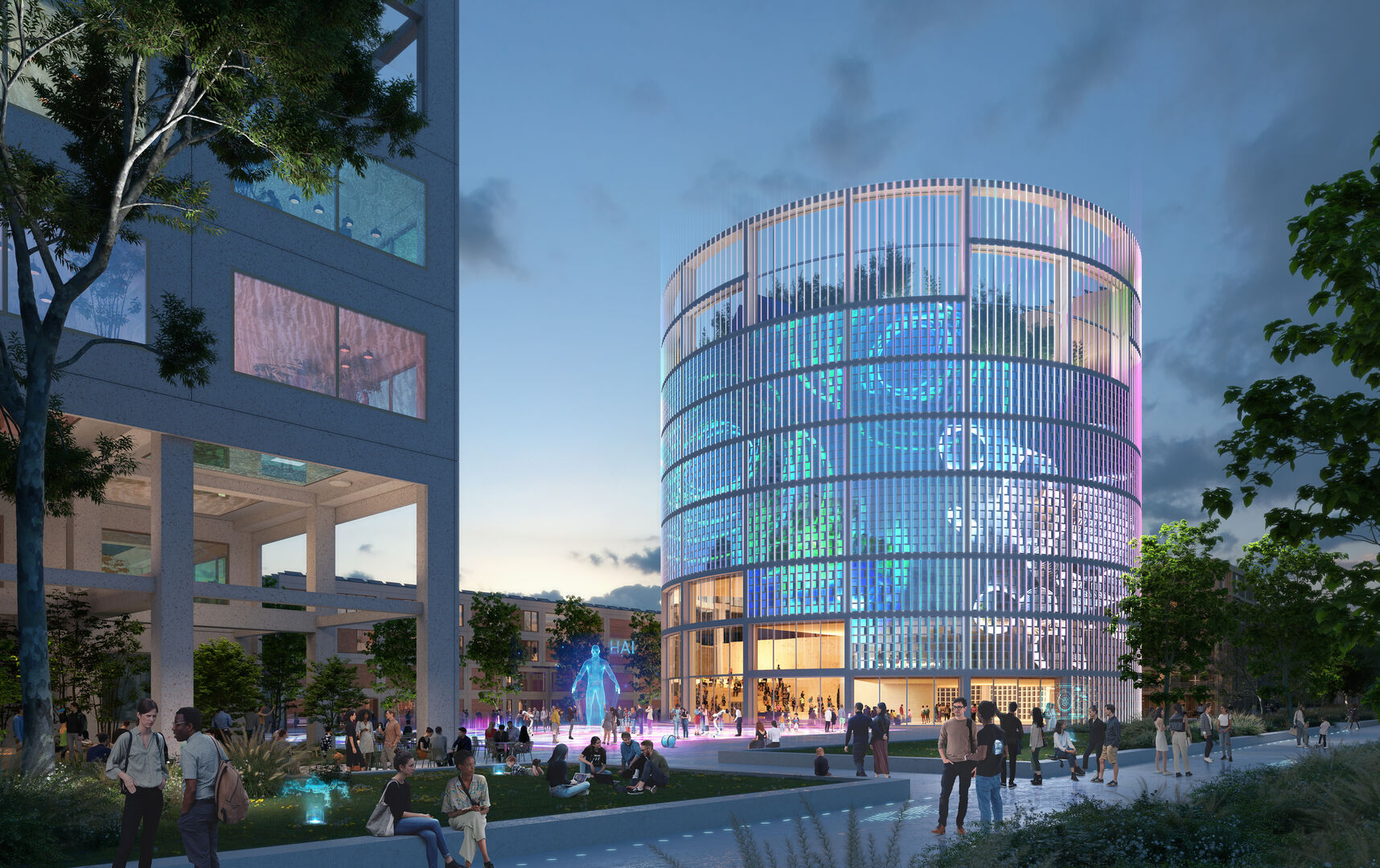 rundes, achtsstöckiges futuristisches Gebäude, bläulich beleuchtet