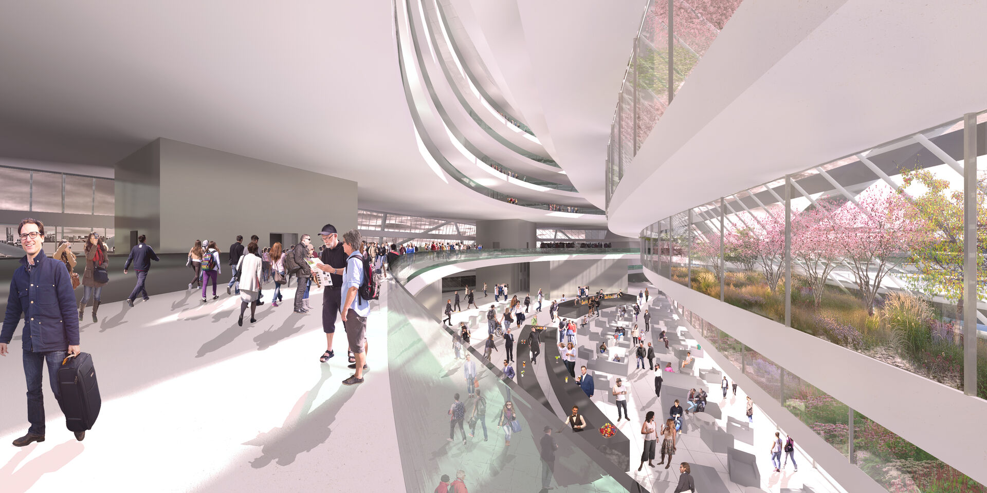 Zukunftstauglicher Innenraum, mehrere Etagen mit Menschen, rechts ein Pflanzenstreifen