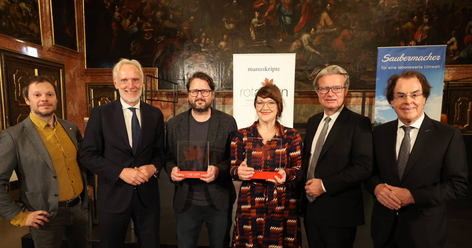 Andreas Unterweger, Kulturstadtrat Dr. Günter Riegler, Preisträger*innen Alexander Micheuz und Carolin Callies, Landeshauptmann Mag. Christopher Drexler, Saubermacher Hans Roth
