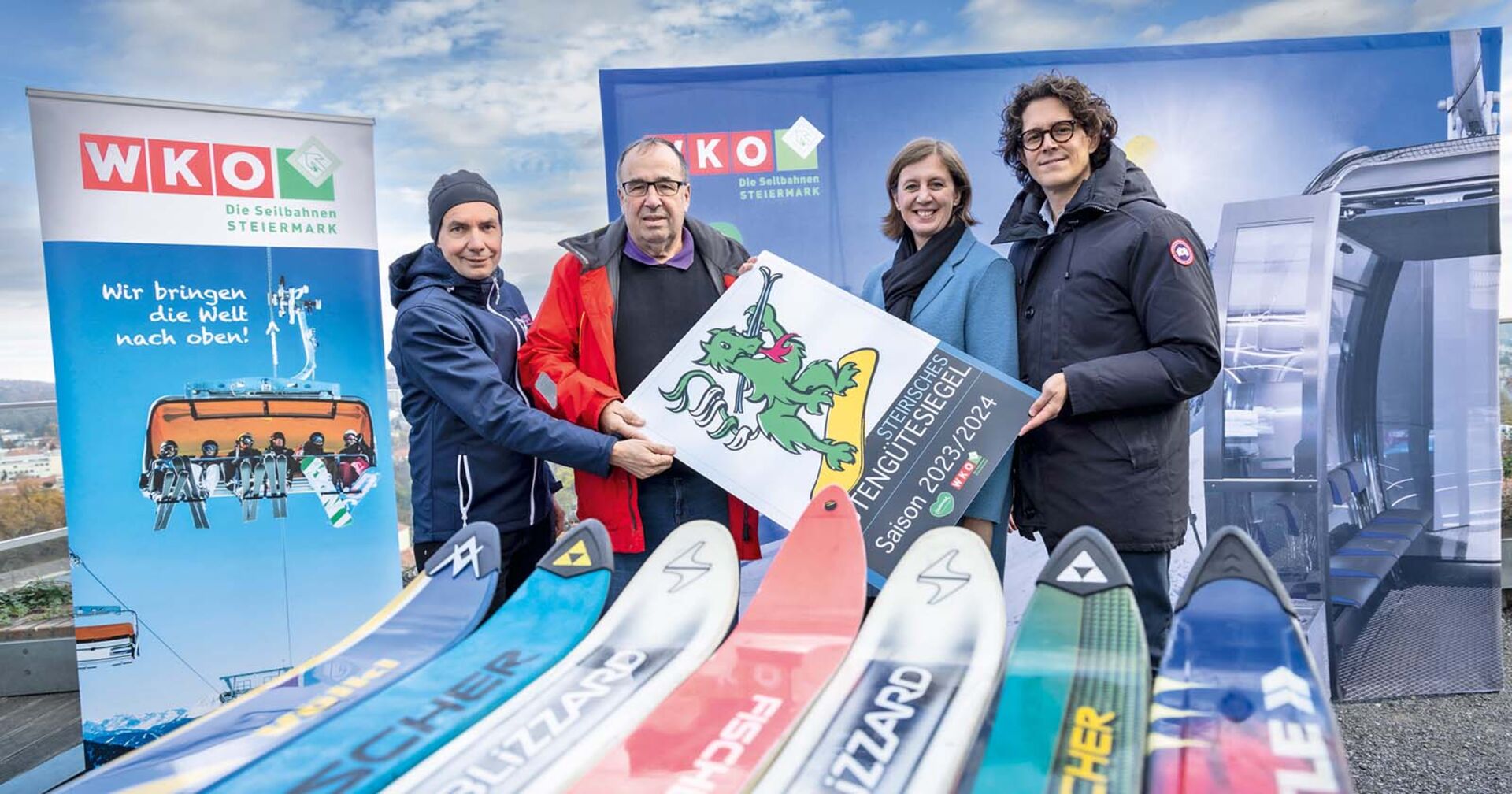 FG-Geschäftsführer Oliver Käfer, Vorsitzender Pistegütesiegel Thomas Weihs, LR Barbara Eibinger-Miedl, Obmann Fabrice Girardoni