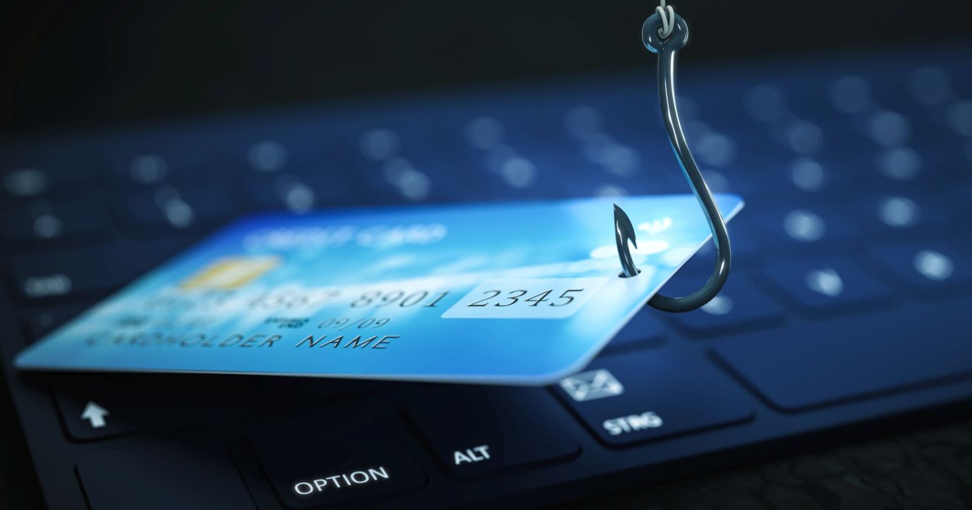 Ein Kreditkarte hängt am Haken einer Angel.