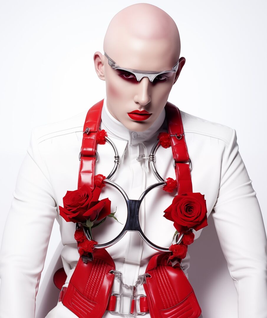 Ein Model mit einer Verkleidung aus Rosen und roten Latex. Dartuner trägt das Model eine weiße enge Jacke.