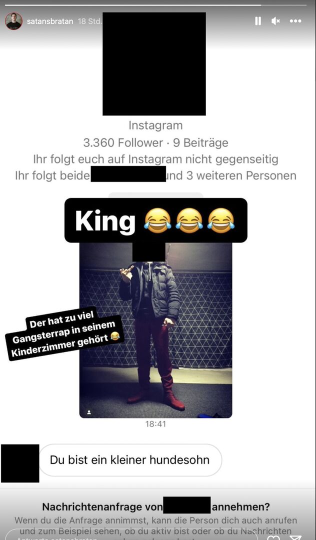 Ein Instagram Screenshot, der die Nachricht eines Haters zeigt und die Reaktion des Influencers Satans Bratan.