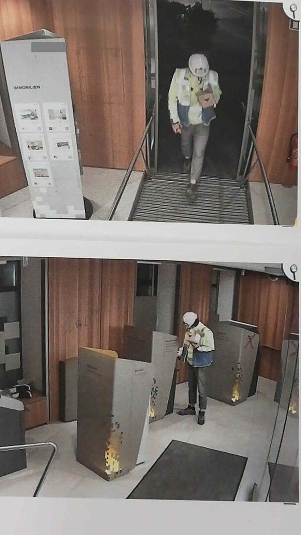 Der Tatverdächtige trägt einen weißen Baustellenhelm.