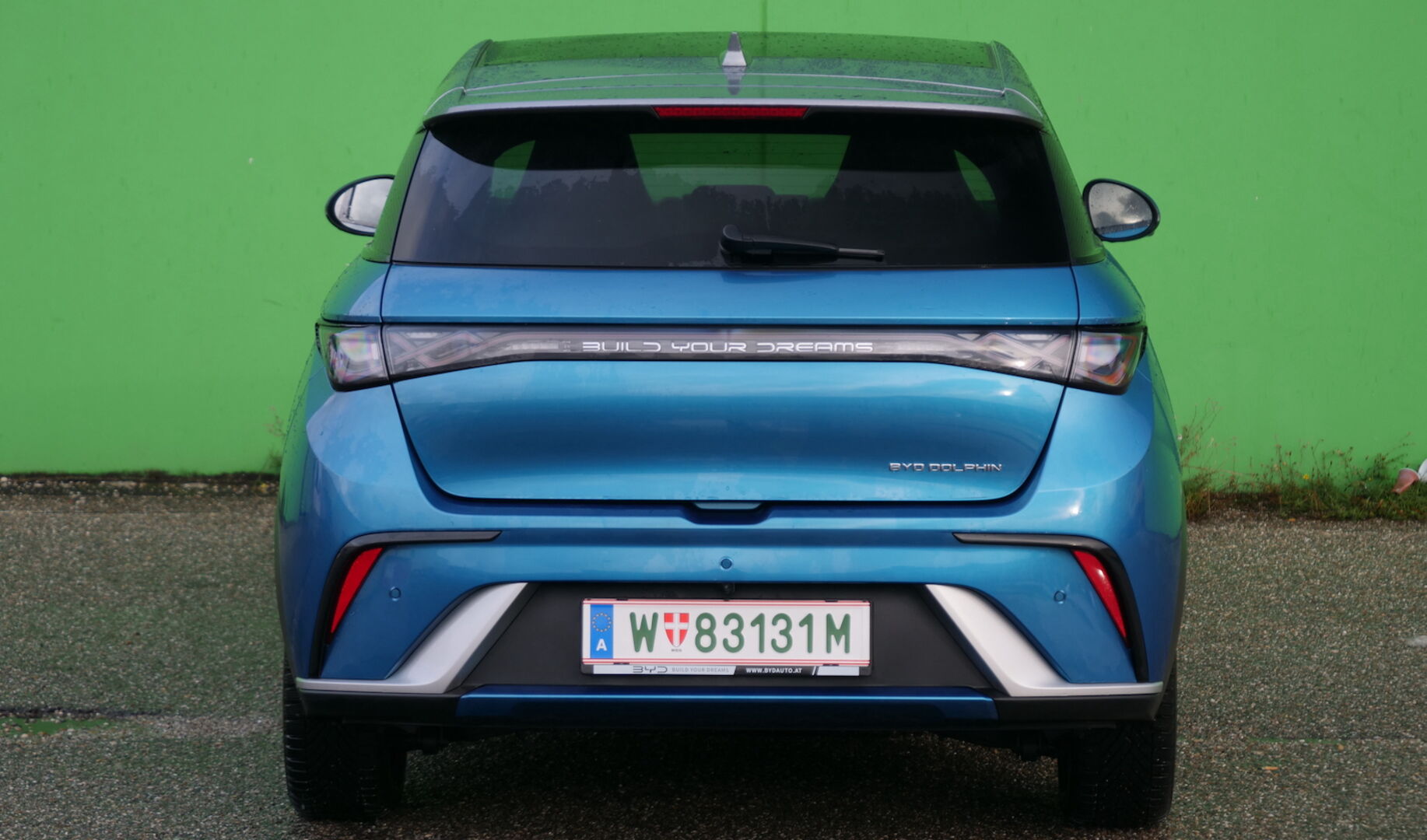 Heckansicht des BYD Dolphin vor einer grünen Wand