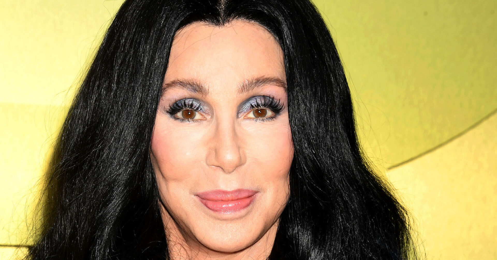 Cher mit langen schwarzen Haare und starken Make Up. Sie steht vor einer hellgrünen Fotoleinwand.