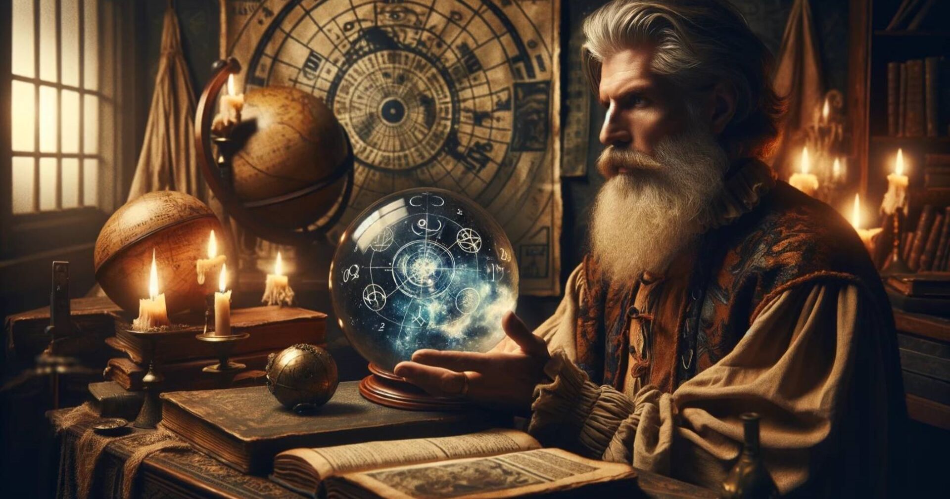 Computeranimation &quot;Nostradamus schaut in die Zukunft&quot;: In einem anderen Jahrhundert schaut ein bärtiger Man schaut in eine Kristallkugel mit astrologischen Symbolen.