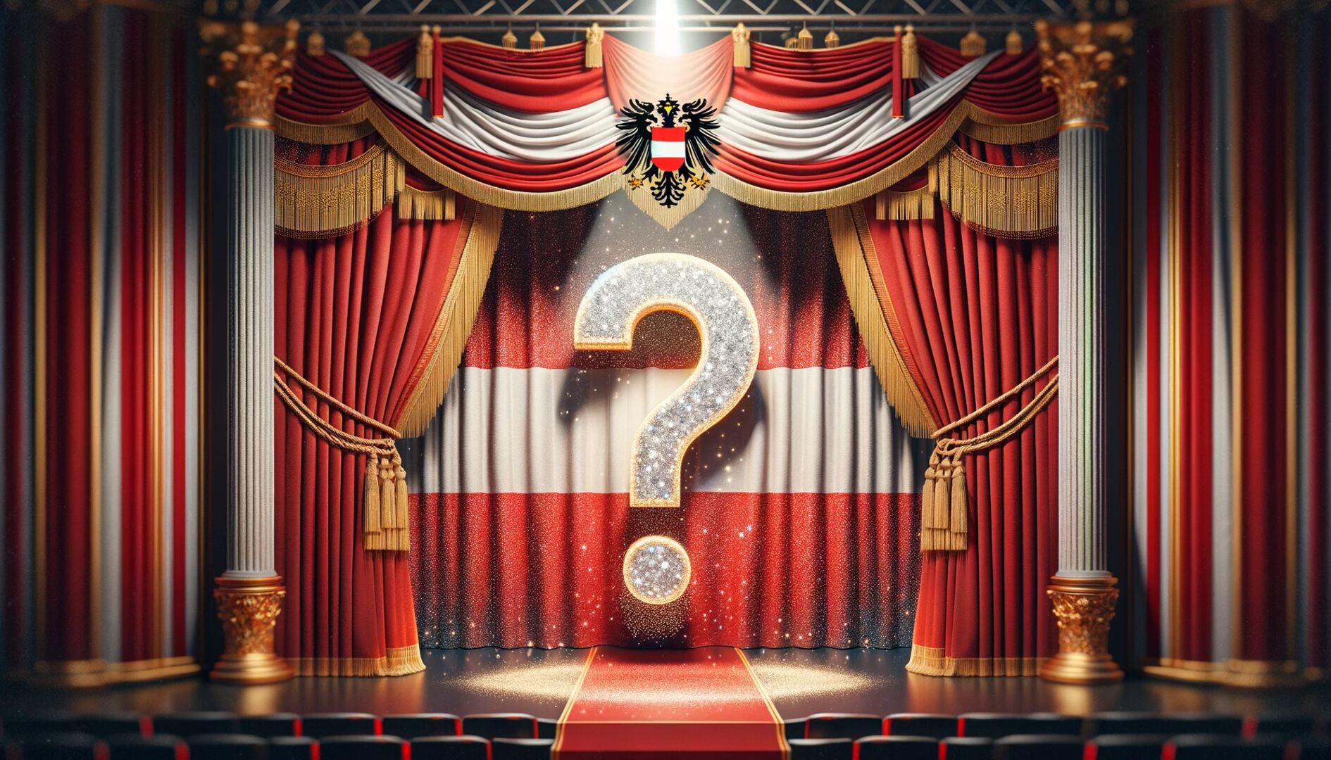 Ein Fragezeichen auf einer Bühne, Österreichflagge und Glitzer