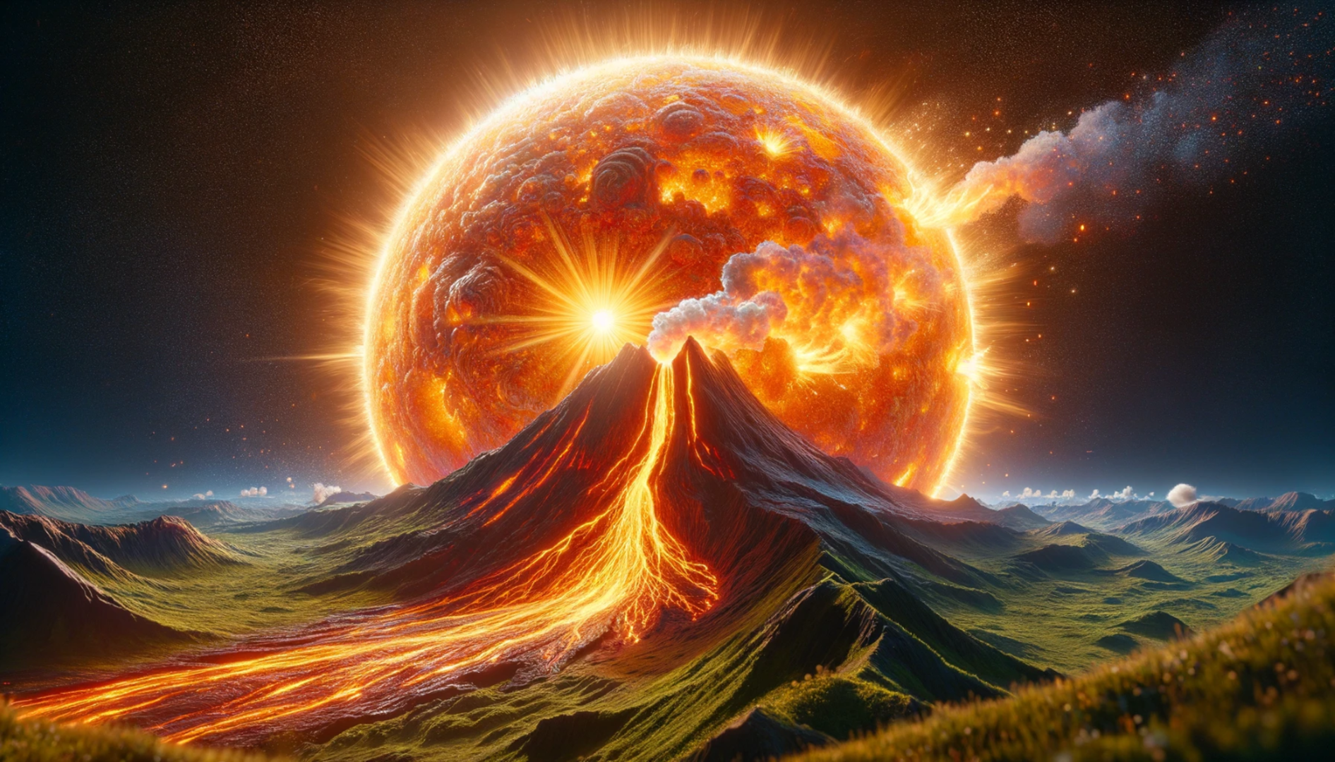 Computeranimation: Ein Vulkan bricht vor einer übergroßen Sonne aus.