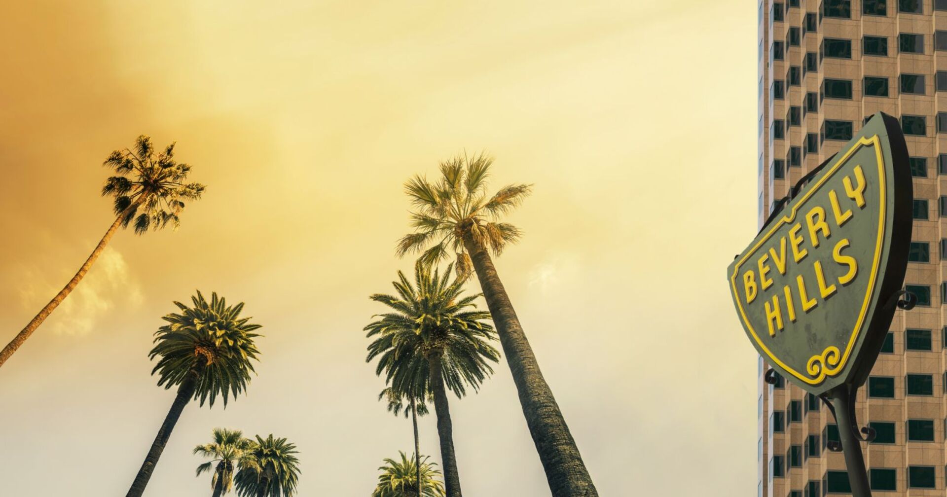 Palmen und Ortsschild von Beverly Hills.