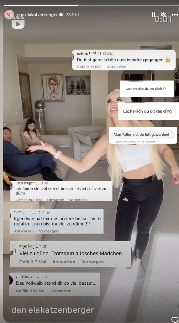 Daniela Katzenberger ist auf einer Instagram Story umgeben von lauter Kommentaren aus ihrem Beitrag. Sie hat ein Layout zusammen gestellt.