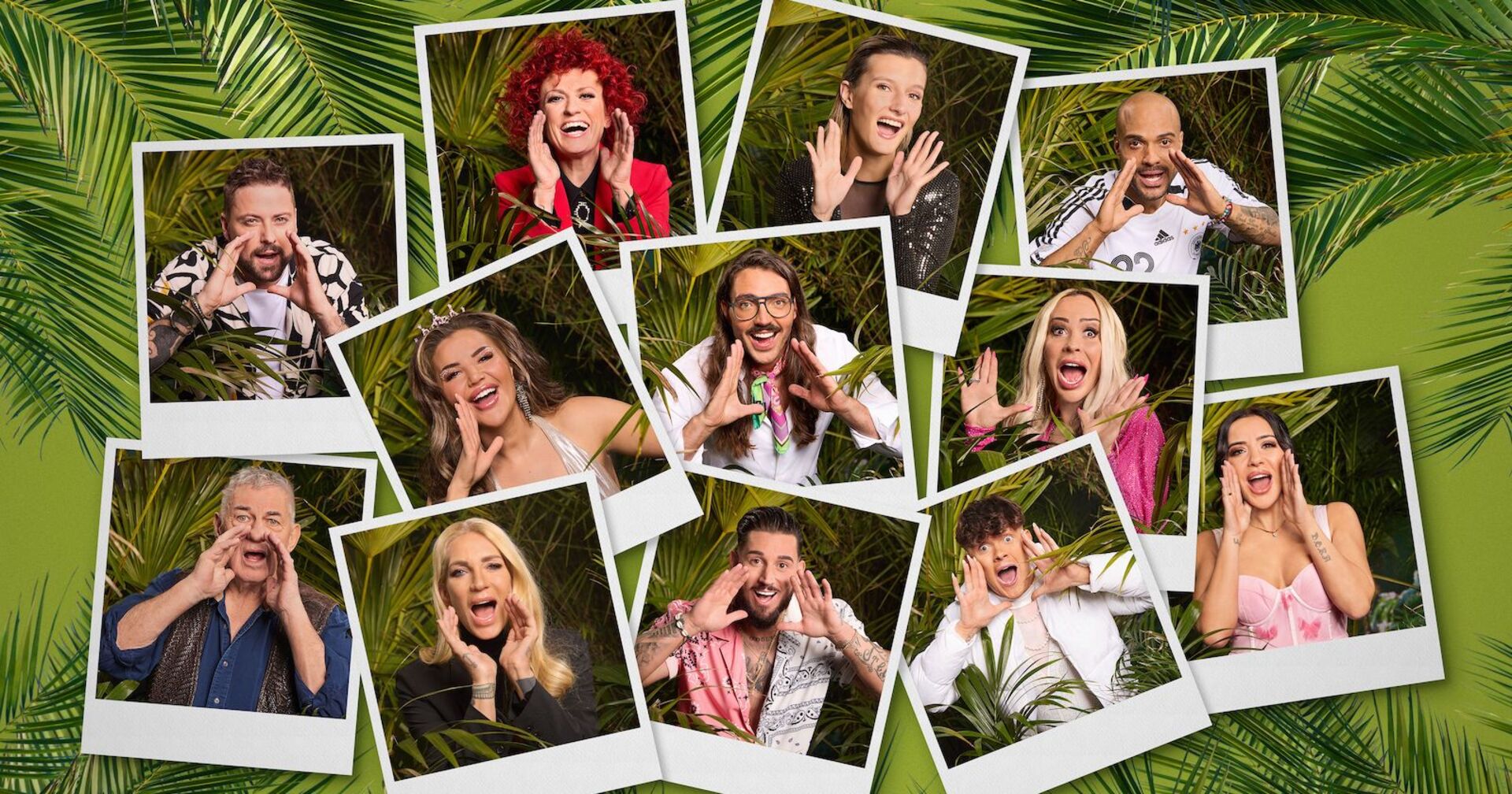 Das Dschungelcamp mit allen Kandidaten auf einem Plakat.