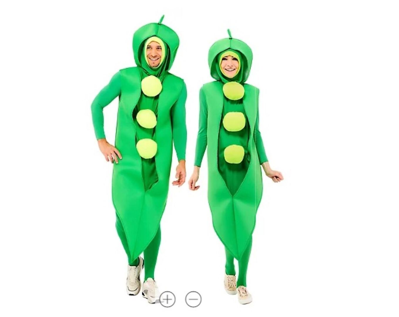 Mann und Frau im Ganzkörper-Erbsenkostüm