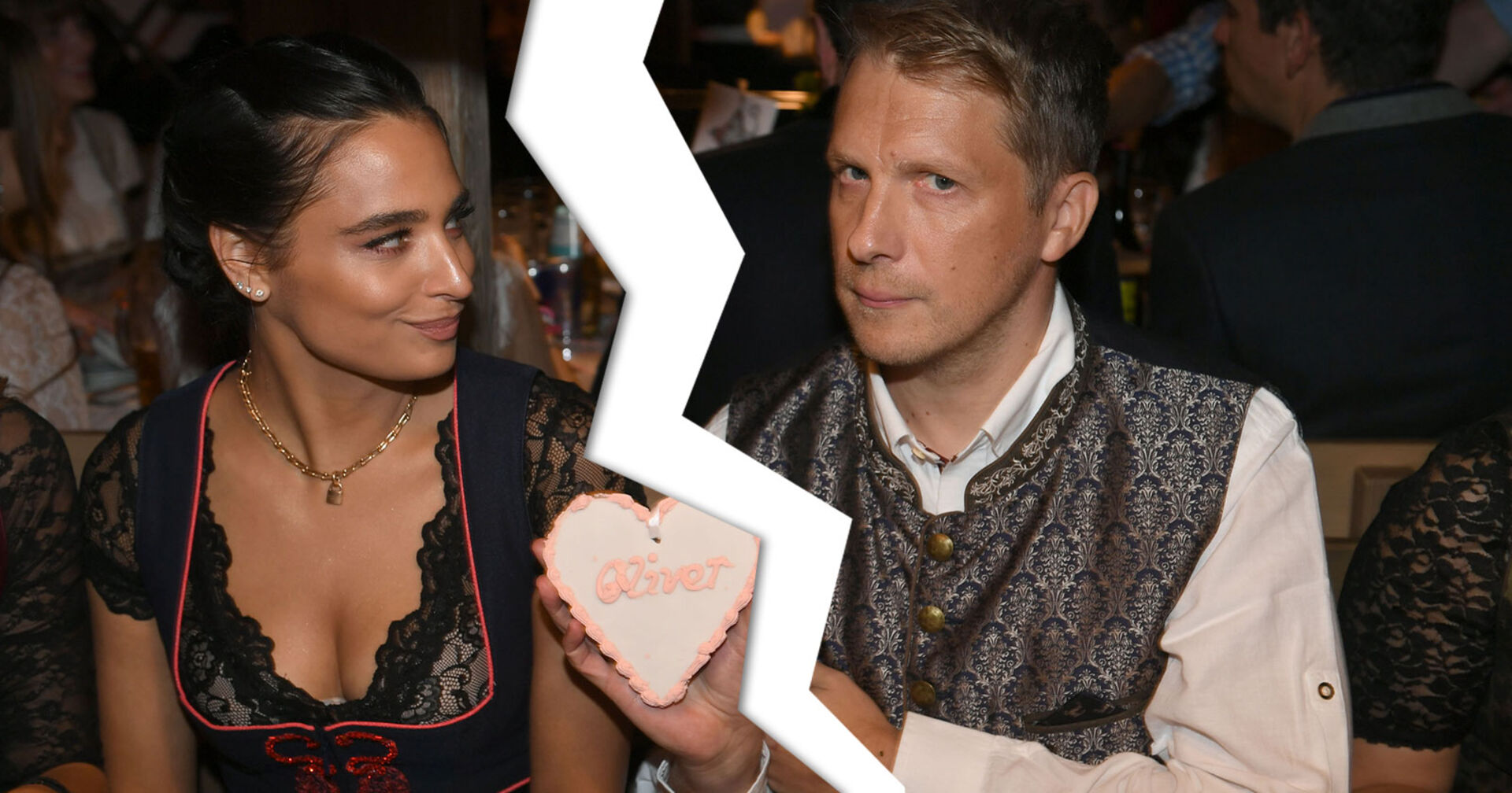 Oliver und Amira Pocher beim Oktoberfest. Er hält ein Lebkuchen Herz mit &quot;Oliver&quot;. Zwischen ihnen wurde mit Photoshop ein Blitz eingefügt, da sie sich in Scheidung befinden.