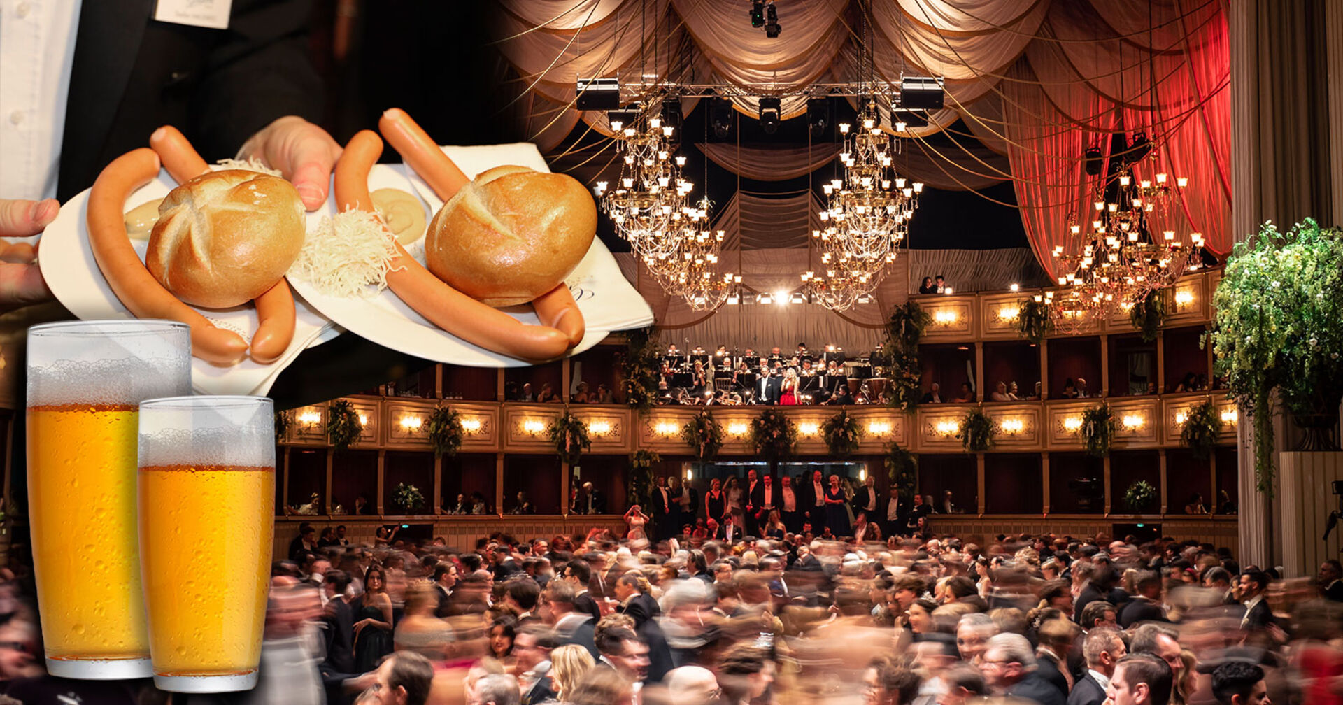 Bildmontage von zwei Bier, Sacherwürstel vor der Kulisse des Wiener Opernballs