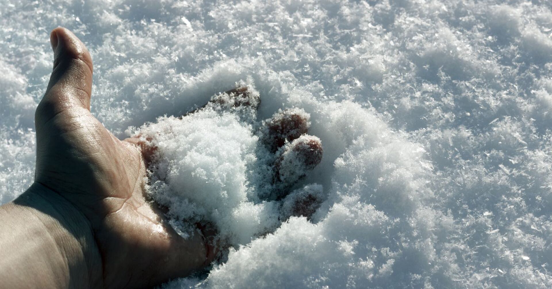 Eine gefrorene Hand im Schnee.