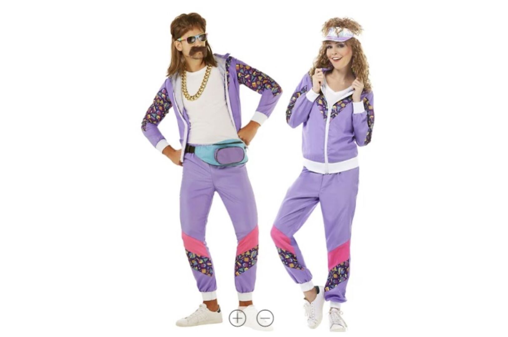 Mann und Frau im lila Retro-Trainingsanzug