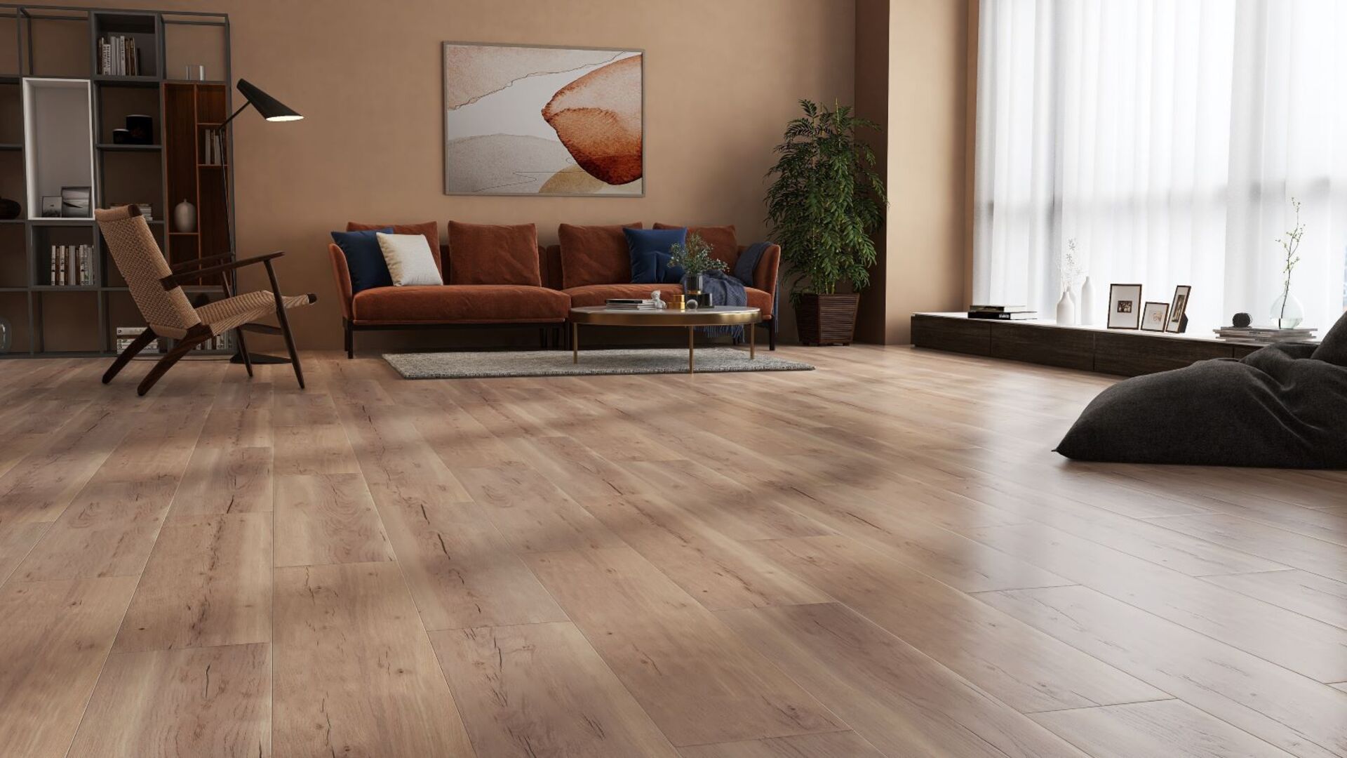 Wohnzimmer mit Couch, Sessel und Vinylboden