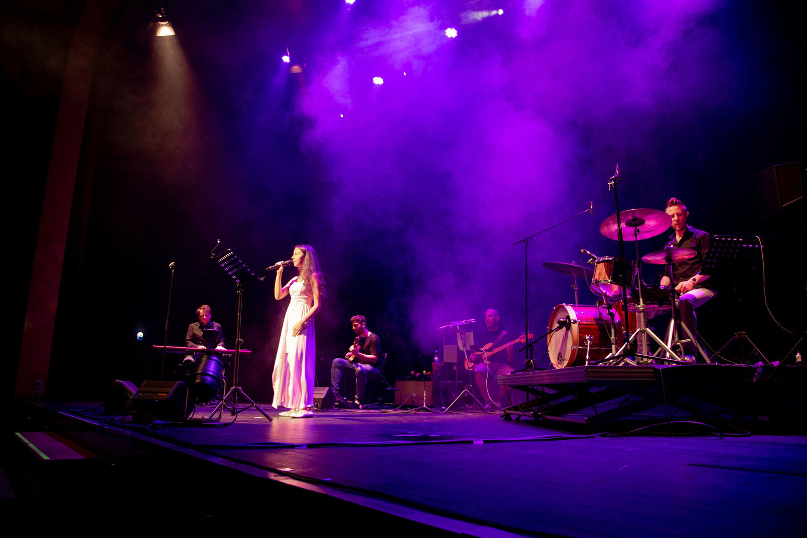 Profi-Band mit Sängerin auf der Bühne im Scheinwerferlicht