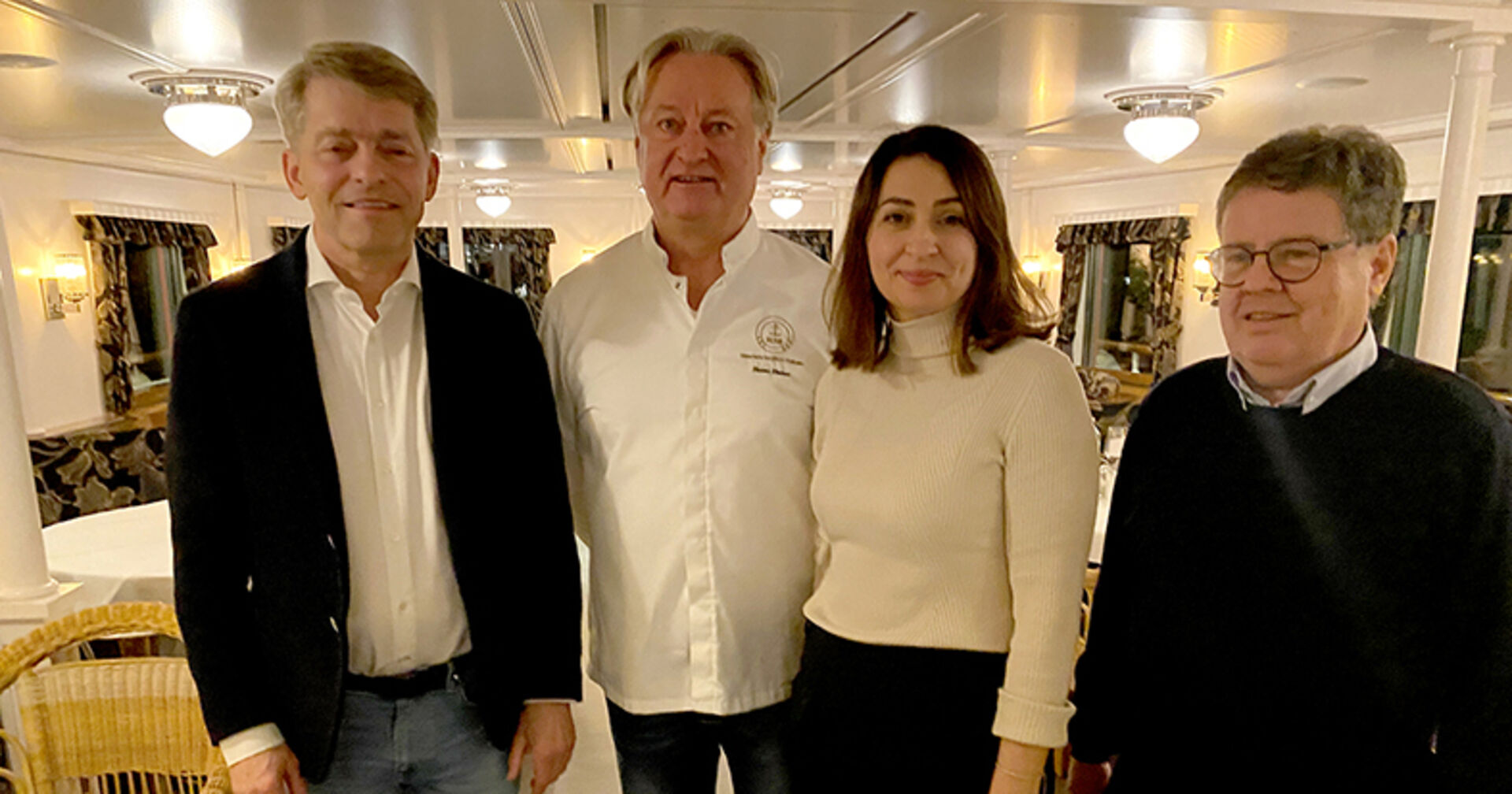 Benno Gmuer, Gastgeber Heino Huber (M.) und GF Havva Dogan (Historische Schifffahrt Bodensee) und Markus Flatz (Motorschiff  Österreich) (v. li.)