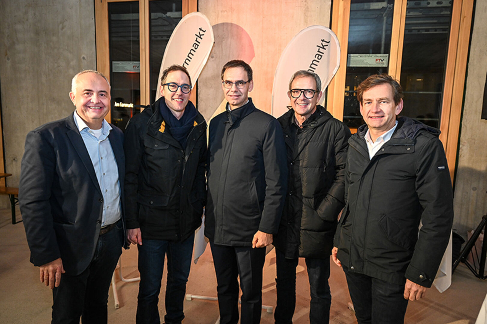 Bgm. Manfred Böhmwalder, Nikolaus Ess (GF PRISMA), LH Markus Wallner,  Bernhard Ölz (Vorstand PRISMA) und Wolfgang Rüf (Projektleiter) (v. li.)