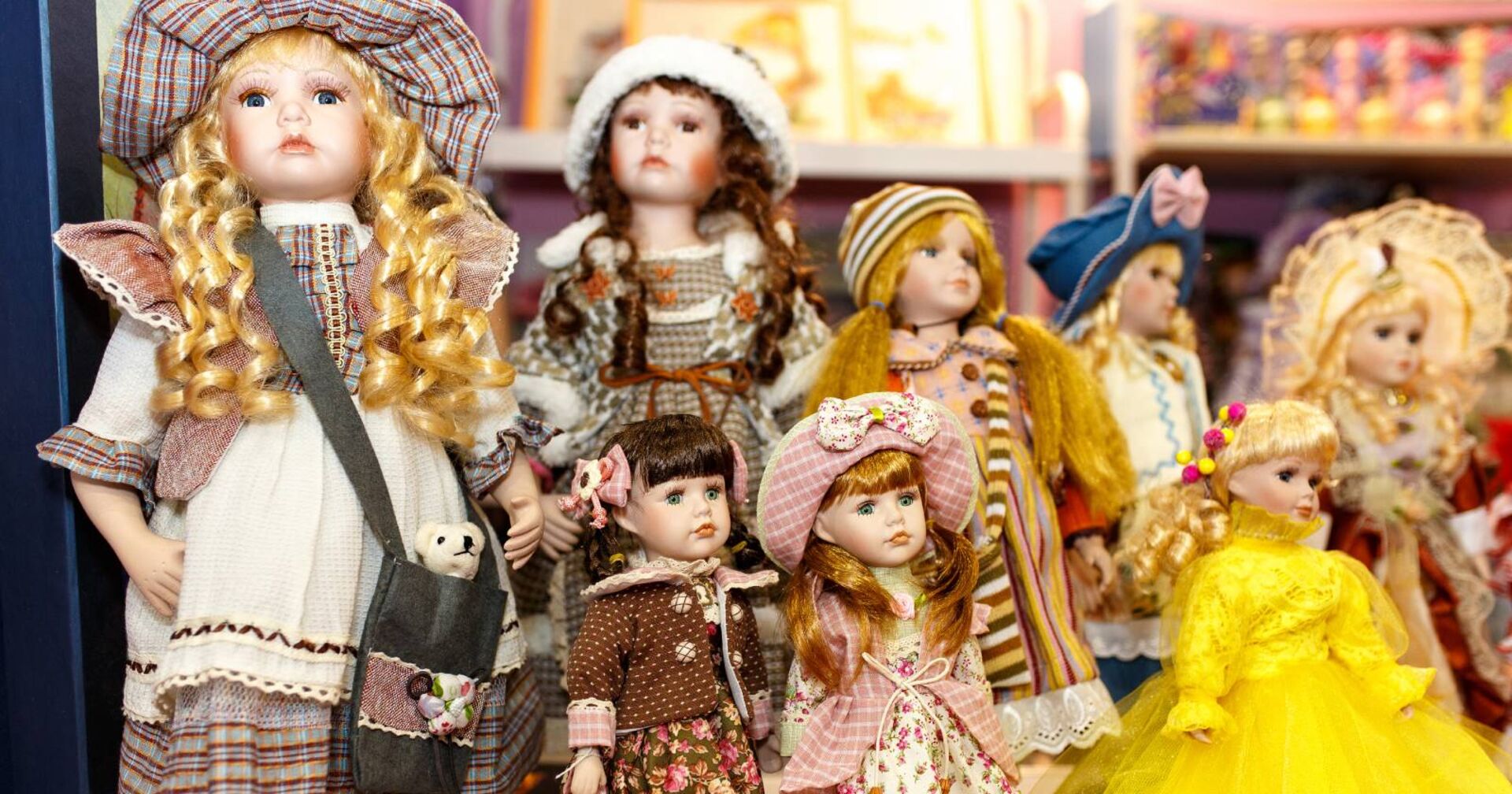 Ausstellung verschiedener Porzellanpuppen in einem Spielzeugmuseum