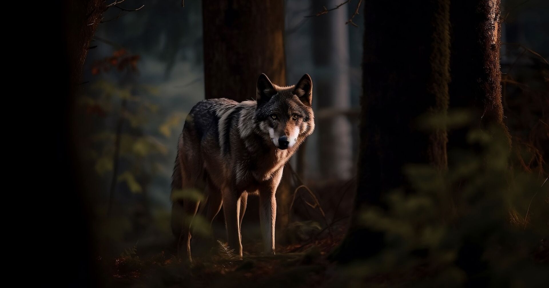 Ein Wolf zwischen Bäumen im Wald.