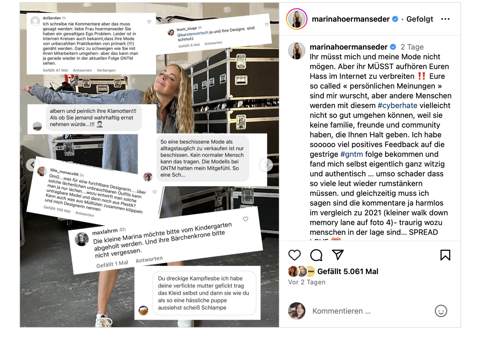 Hate-Kommentare, die Marina Hoermanseder zu hören bekommt.