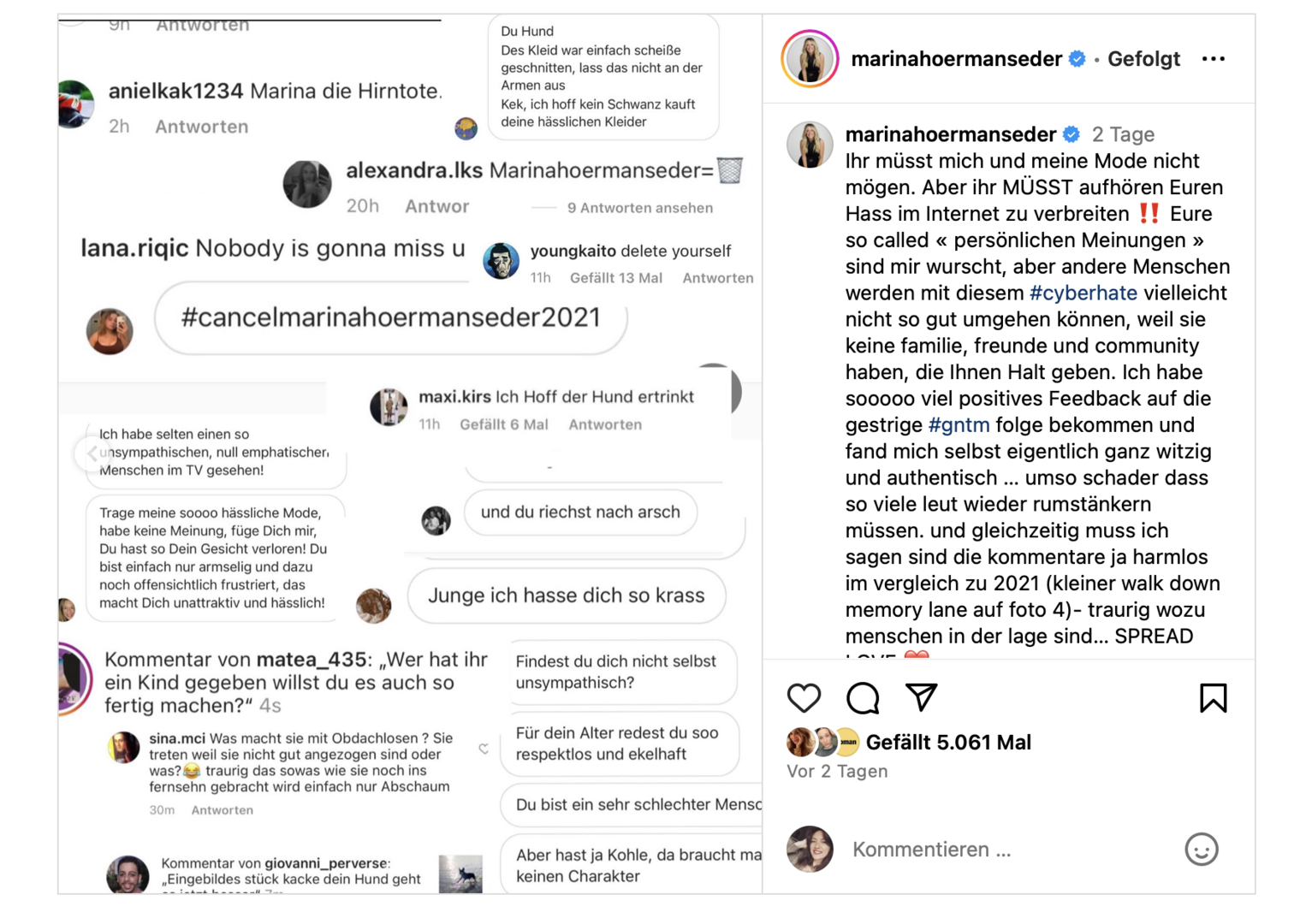 Hate-Kommentare an Hoermanseder aus dem Jahr 2021