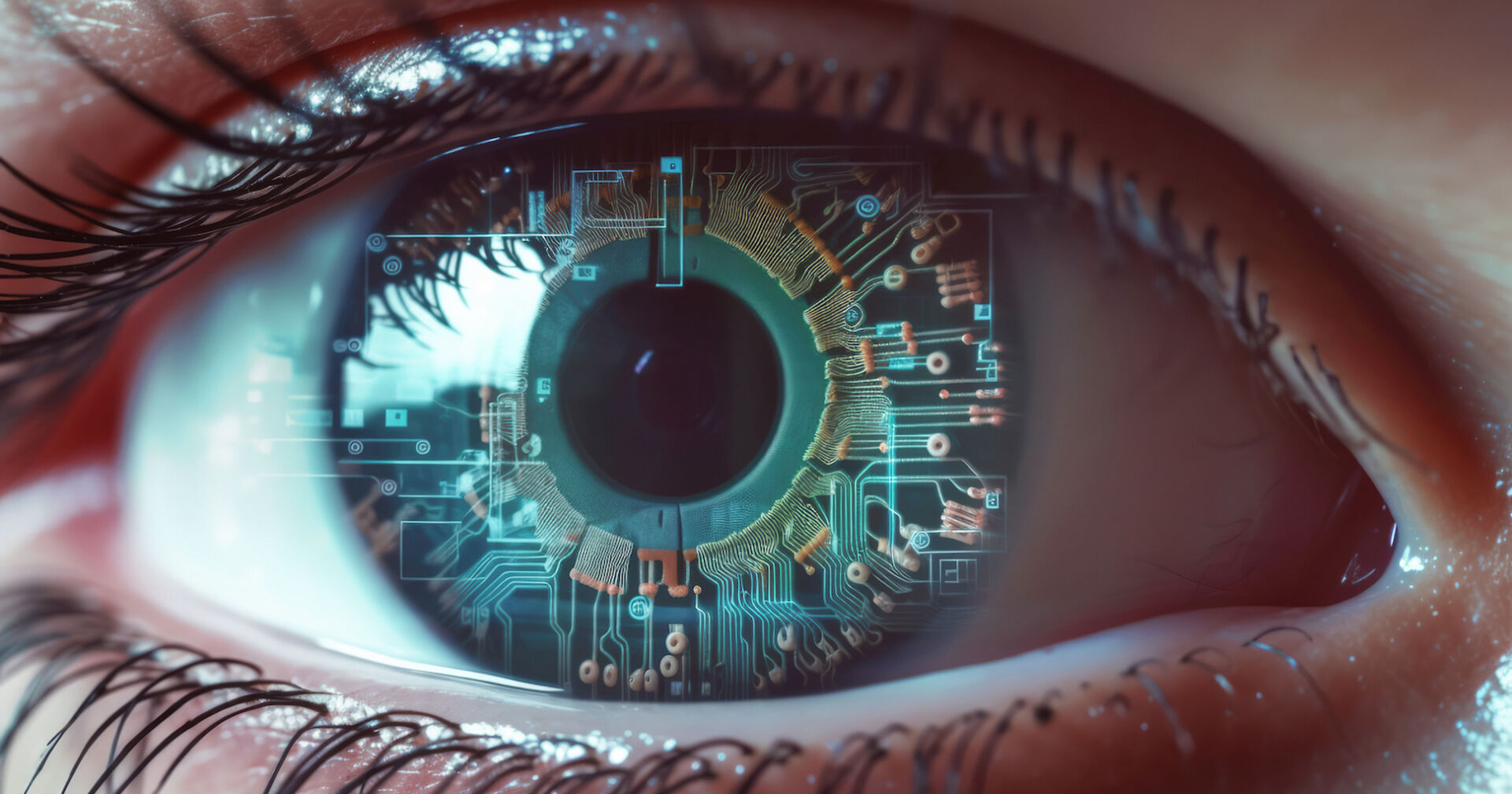 Großaufnahme eines Auges, auf der Iris scheinen Schaltkreise durch, sie weisen auf einen Chip oder Vernetzung mit einer Maschine oder KI hin.