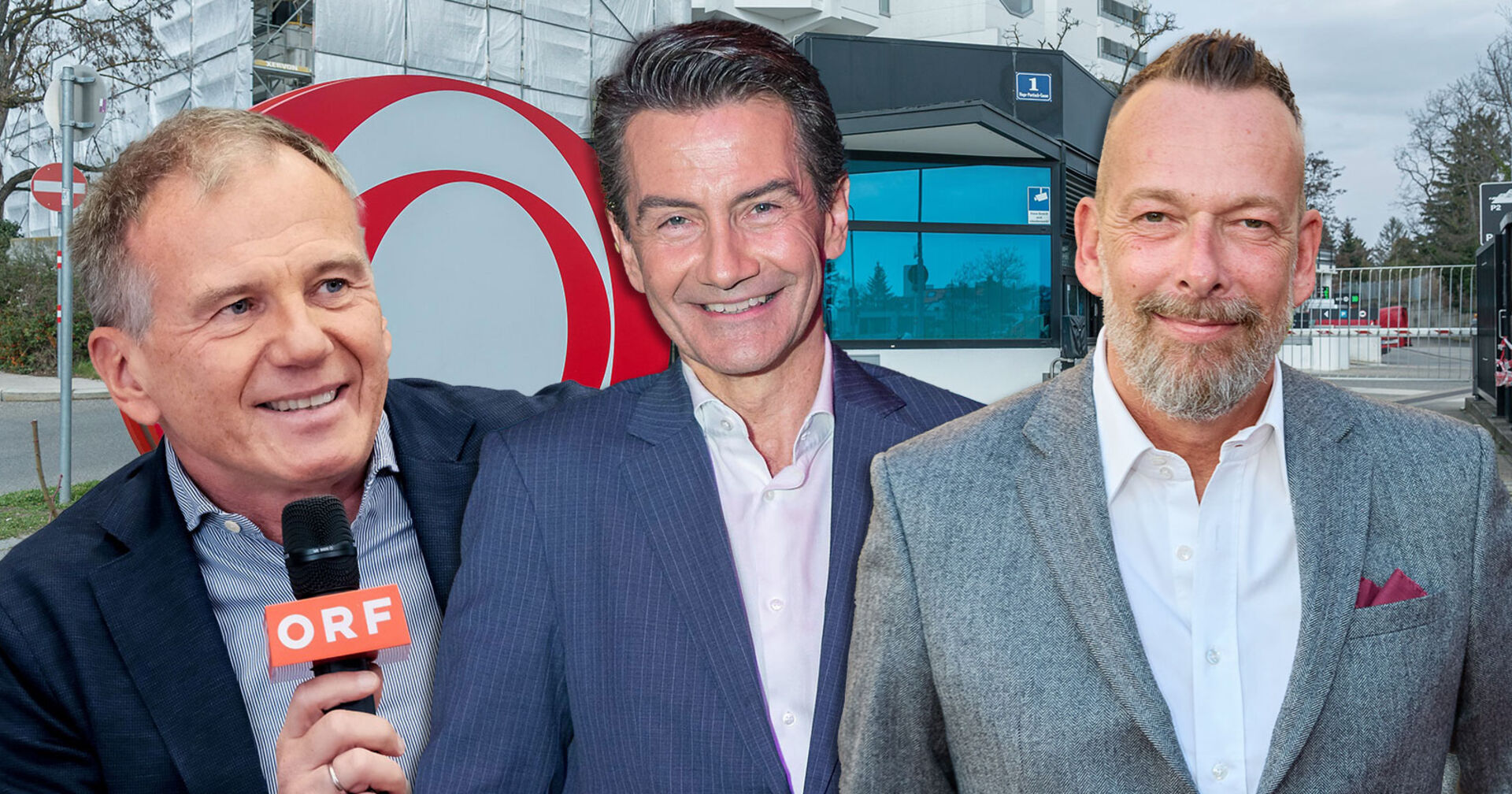 Montage: Armin Wolf, Roland Weissmann und Robert Kratky vor dem Sender des ORF.