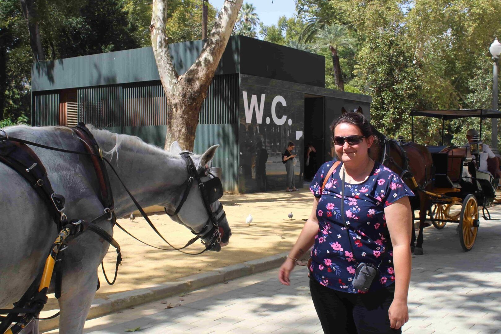 n Haaren trägt eine Sonnenbrille und ein buntes T-Shirt.