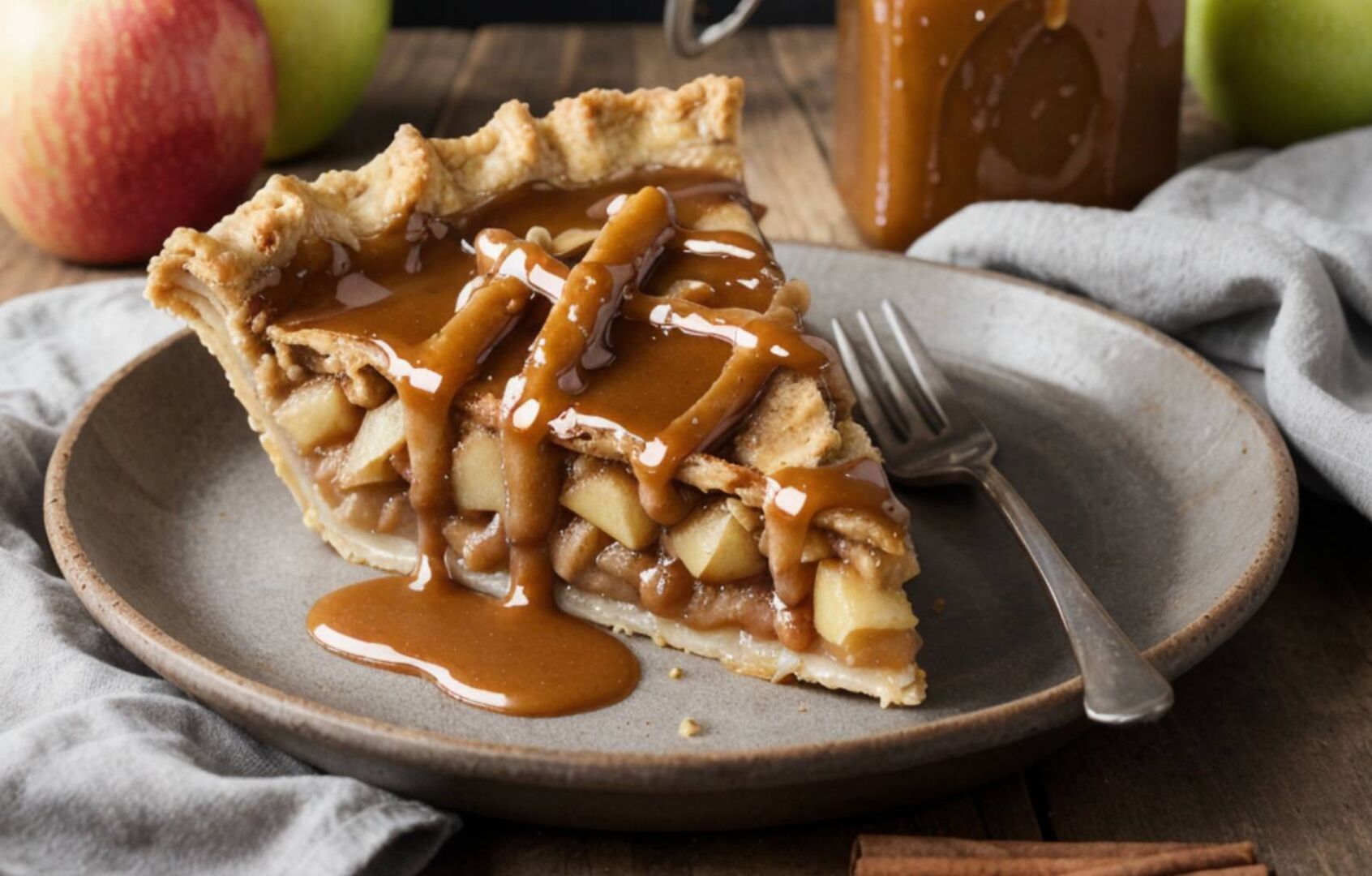 Nahaufnahme eines Apfelkuchens mit dunkler Salzkaramellsauce.