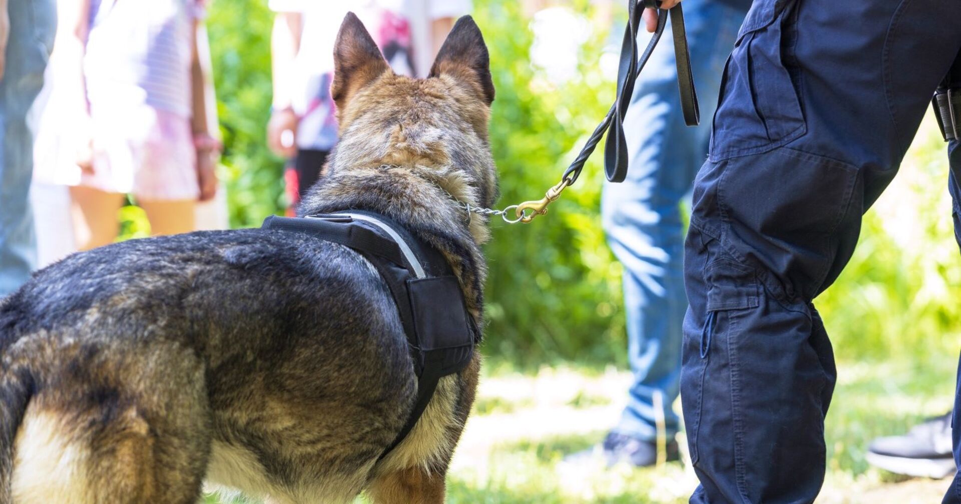 Ein Polizist mit einen Sprengstoffspürhund.