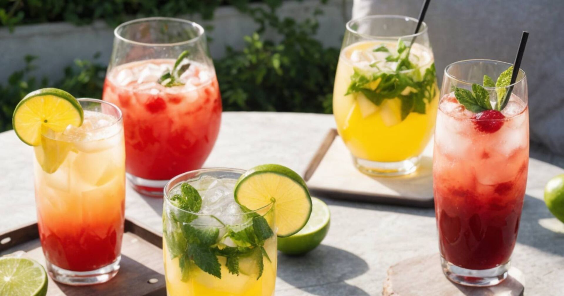 5 Getränke, die mit verschiedenen Cockatils bunt gefüllt sind und mit Limettenscheiben, Kräutern und Beeren gefüllt sind.