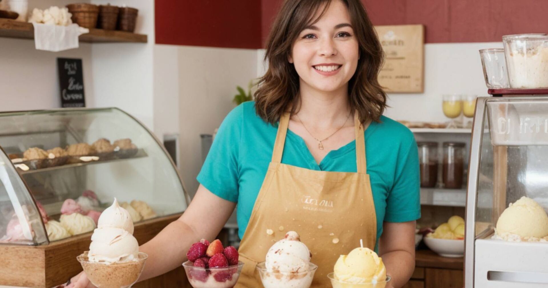 Junge Frau mit heller Schürze in einem Eiscremeladen mit verschiedenen Eissorten