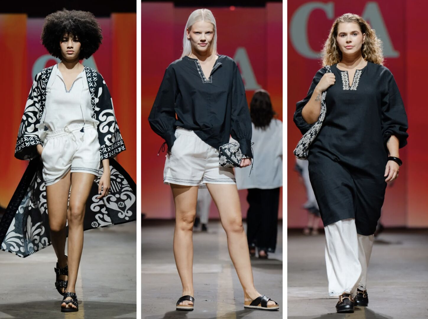 Drei Bilder nebeneinander gestellt, Models am Laufsteg