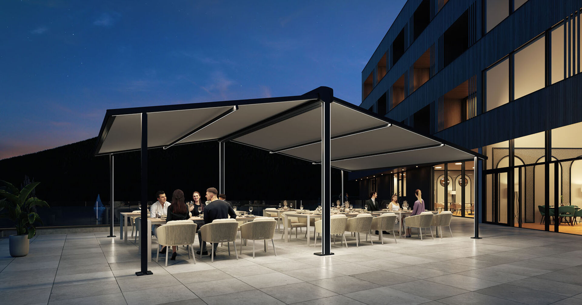 Die nahtlose LED-Beleuchtung der WINGLIGHT PERGOLA erzeugt eine angenehme Atmosphäre zu später Stunde.