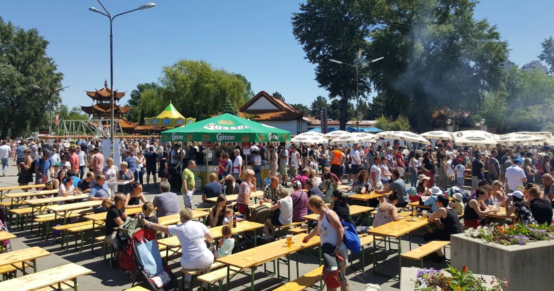 Menschen sitzen gemütlich auf Bierbänken im Donaupark