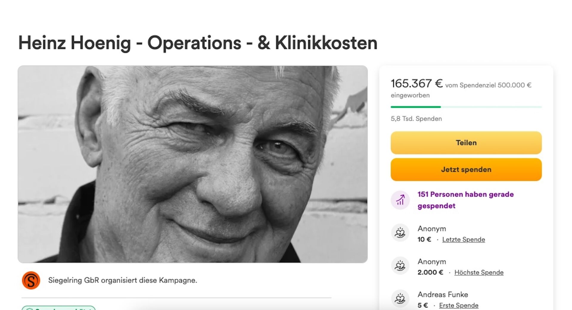 Ein Screenshot von Heinz Hoenigs Spendenziel.