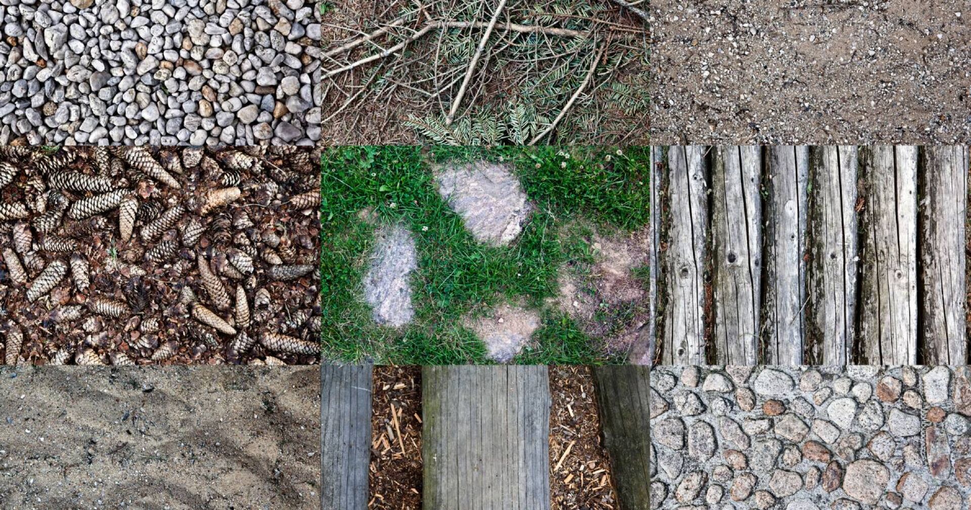 Collage diverser unterschiedlicher Untergründe eines Kneipp-Weges