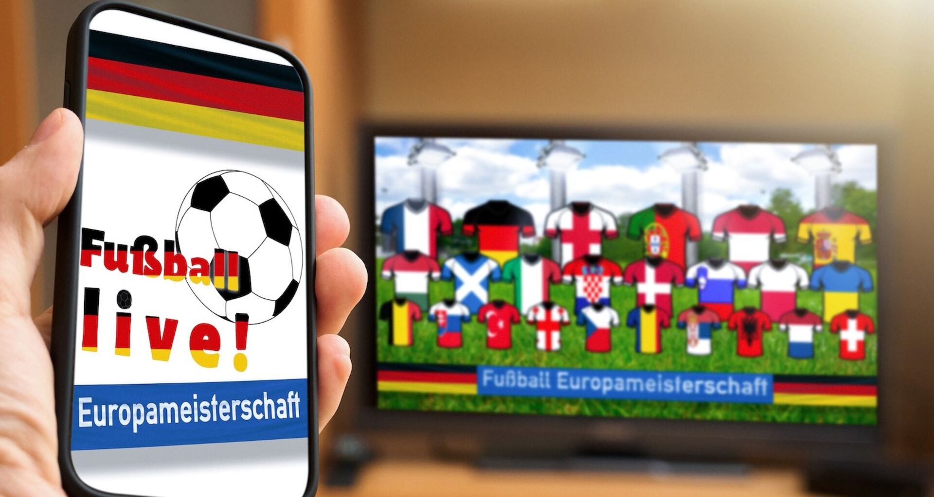 Bildschirm mit Landestrikots, Handy mit Liveticker