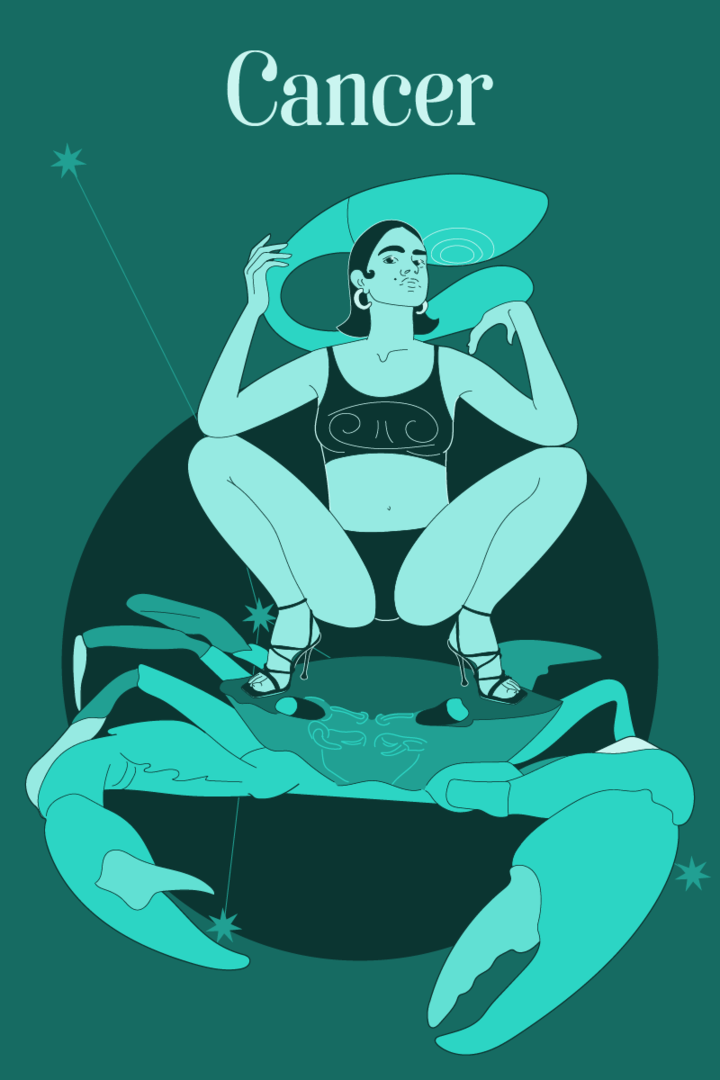 Eine gezeichnete Frau sitzt auf einem Krebs