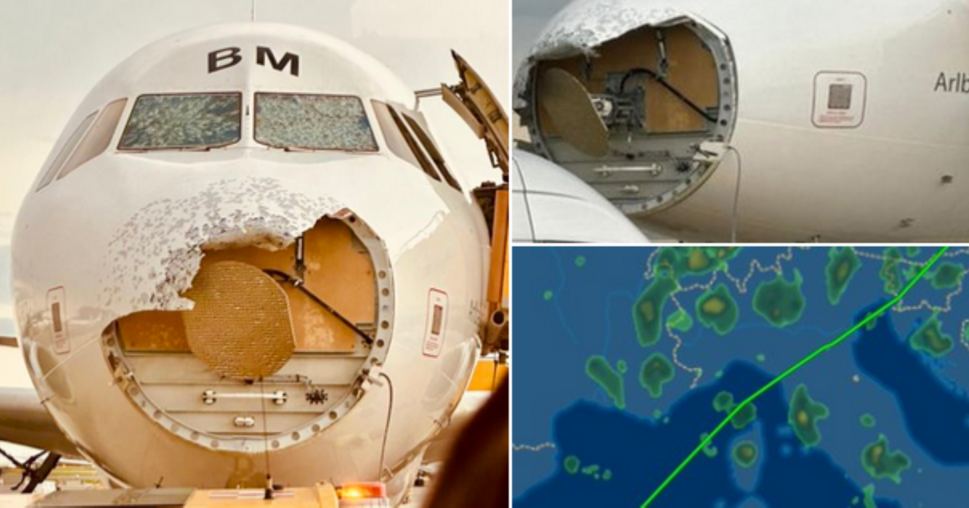 Der Schaden an der Maschine, die Nase ist zertrümmert, die Scheiben fast durchgeschlagen.