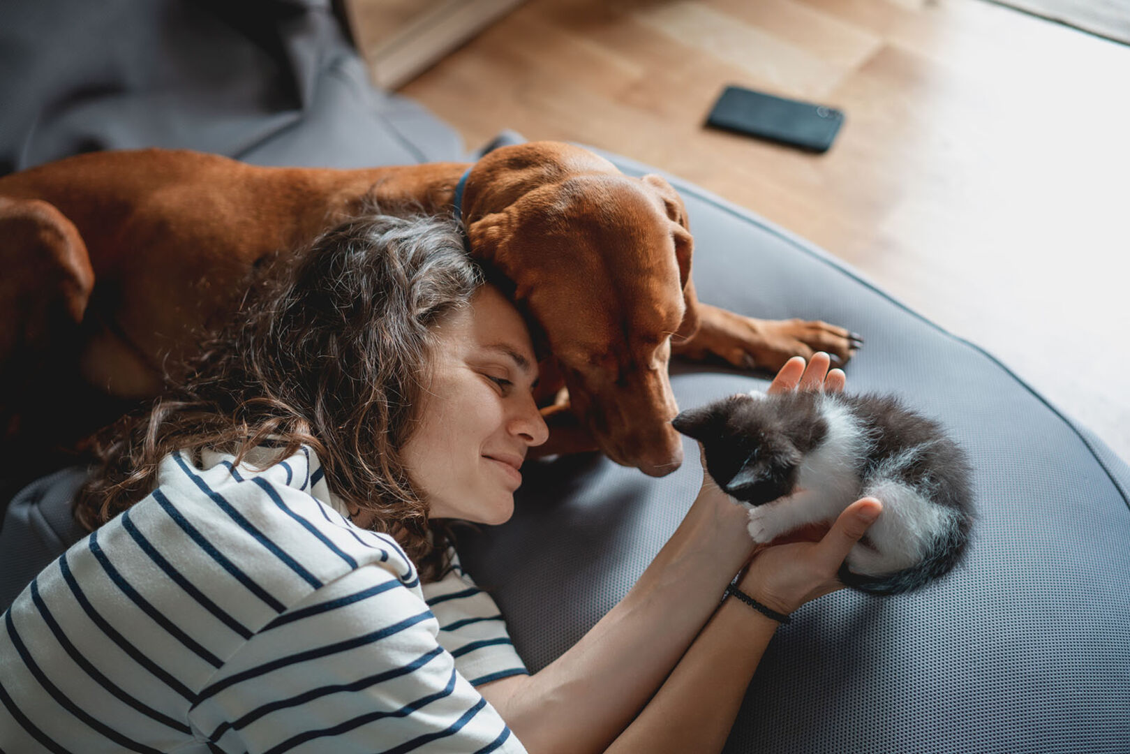 Frau kuschelt mit Hund und Katze | Credit: iStock.com/Olezzo