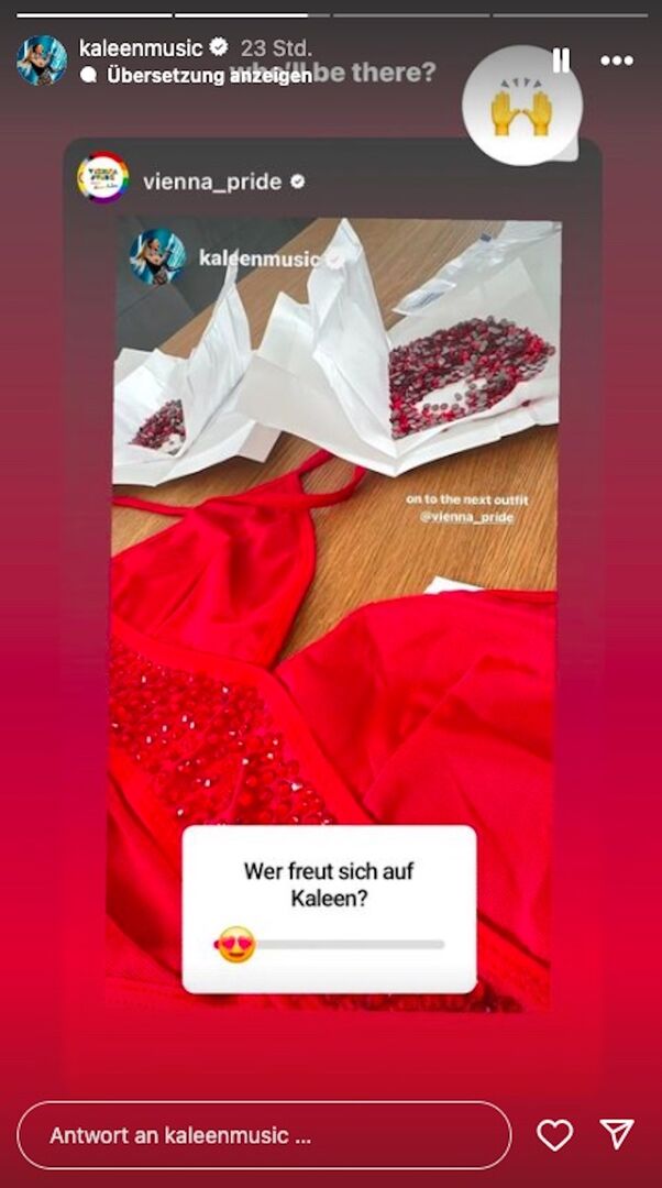Eine Instastory von Kaleen mit einem roten Outift.
